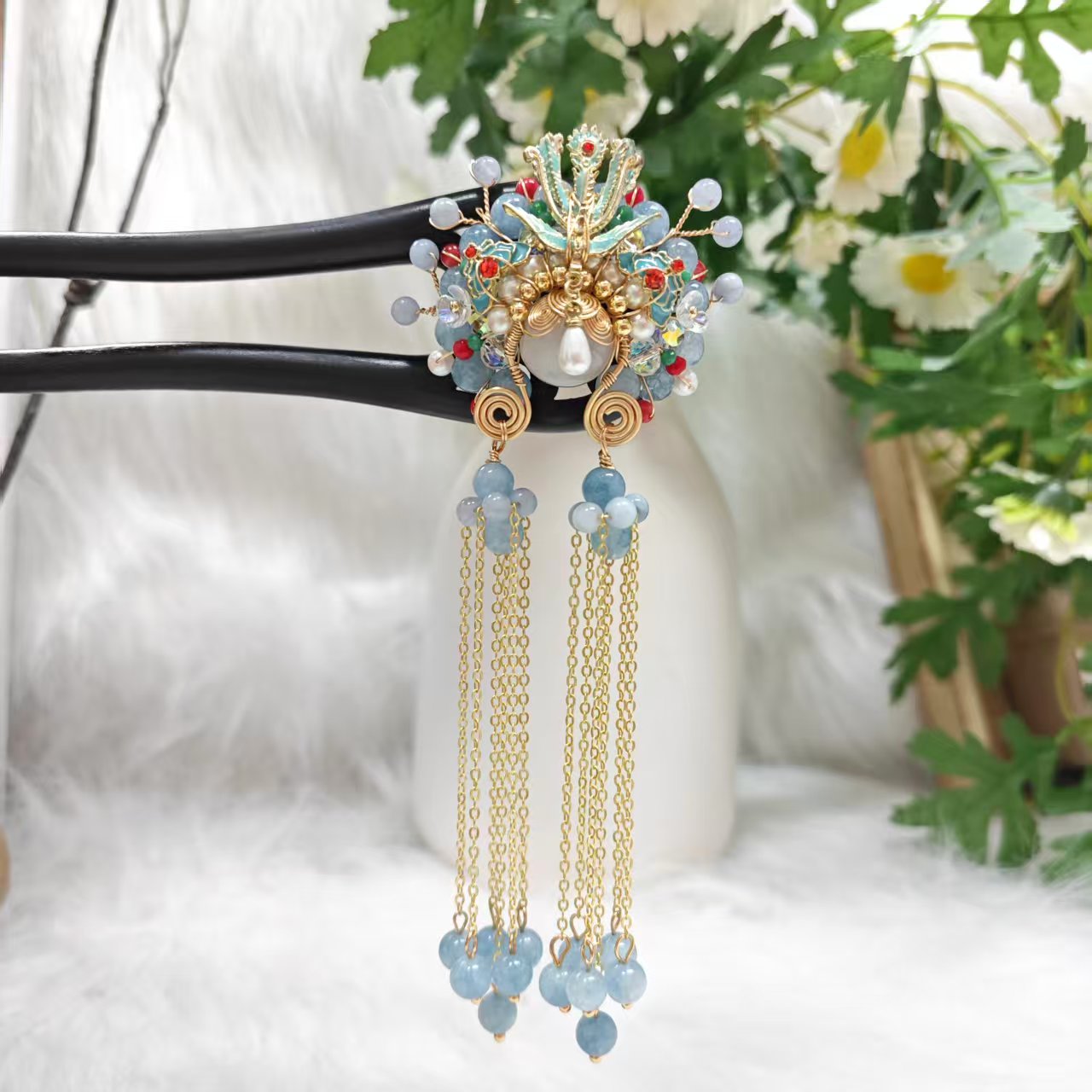 炑歌K94海蓝刀马旦15公分双钗发簪手工头饰发饰中式国风发簪