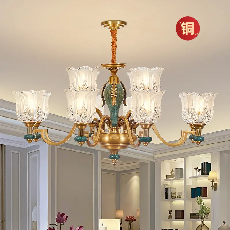 美式全铜大客厅玻璃主吊灯法式复古高级奢华感别墅复式楼餐厅卧室