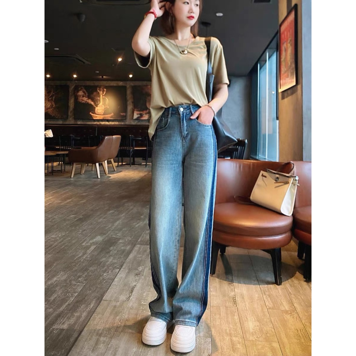 0147 高腰牛仔直筒裤女宽松春夏新款垂感显瘦侧边撞色阔腿大仓库
