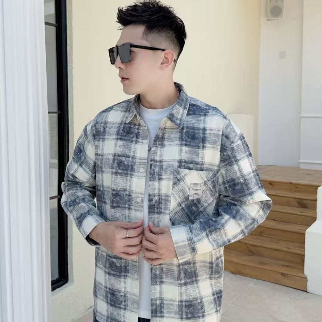 秋季新款美式复古格子衬衫男潮牌格纹宽松休闲衬衣外套上衣