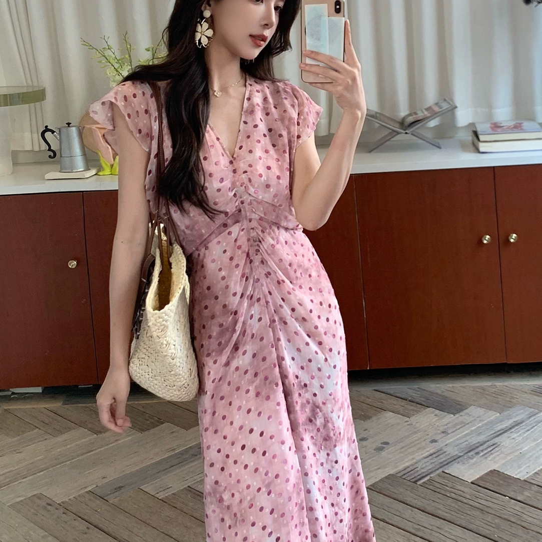 KUN总【纯情巴洛克】法式波点印花连衣裙女修身收腰夏季长裙子