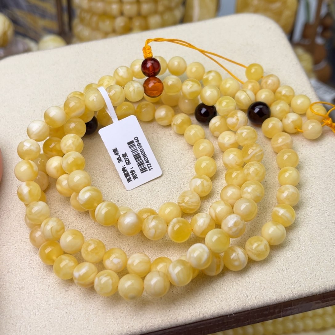 蜜蜡颈饰未镶嵌8圆珠108瓷白花蜡