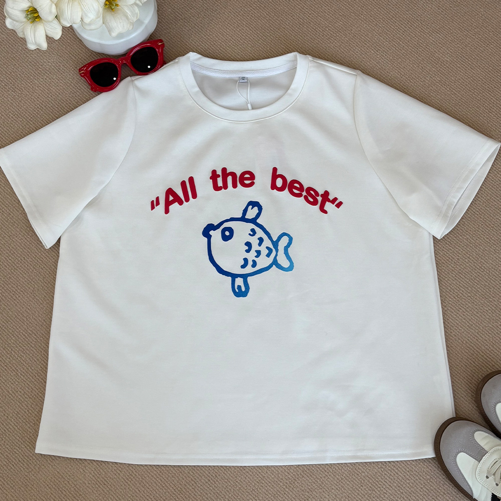 【C】【如鱼得水】大码微胖小清新简约大气圆领小鱼印花T  5853