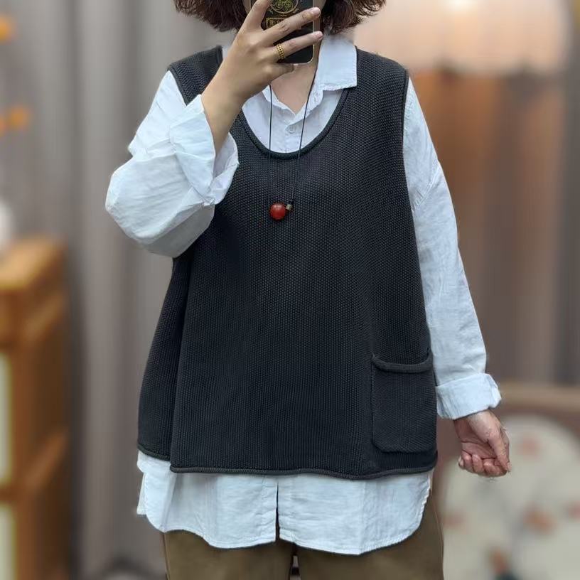 7673圆领口袋针织马甲纯色马夹宽松常规款女背心（单马甲）