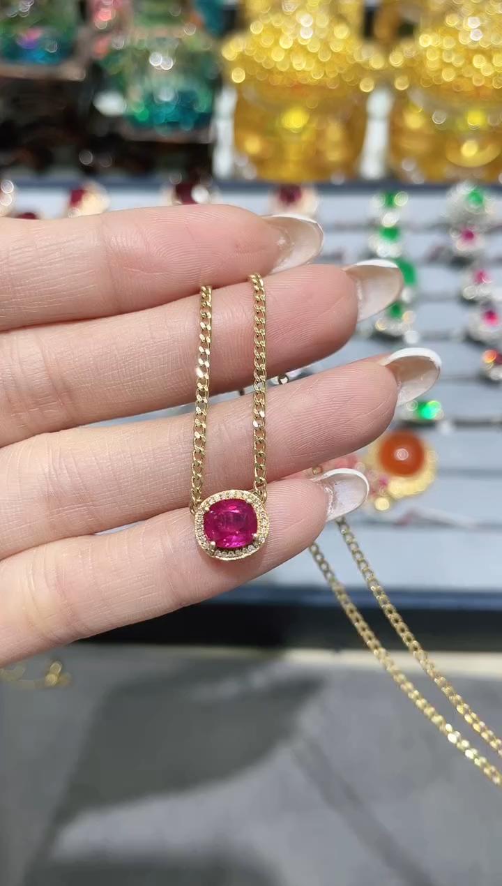 18K金镶嵌天然无烧红宝石项链古巴链 约1.10ct