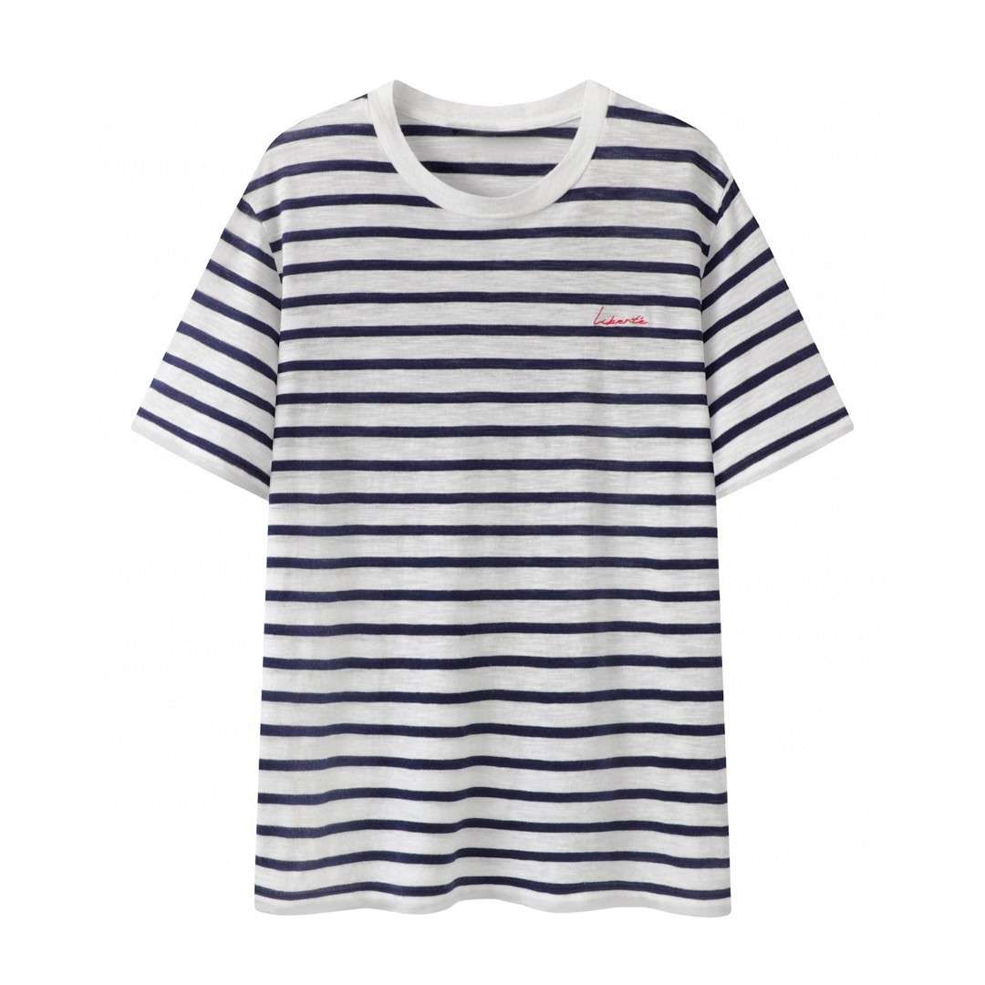 【0613】2025夏季新款圆领蓝白条纹薄款宽松航海风针织短袖针织上衣