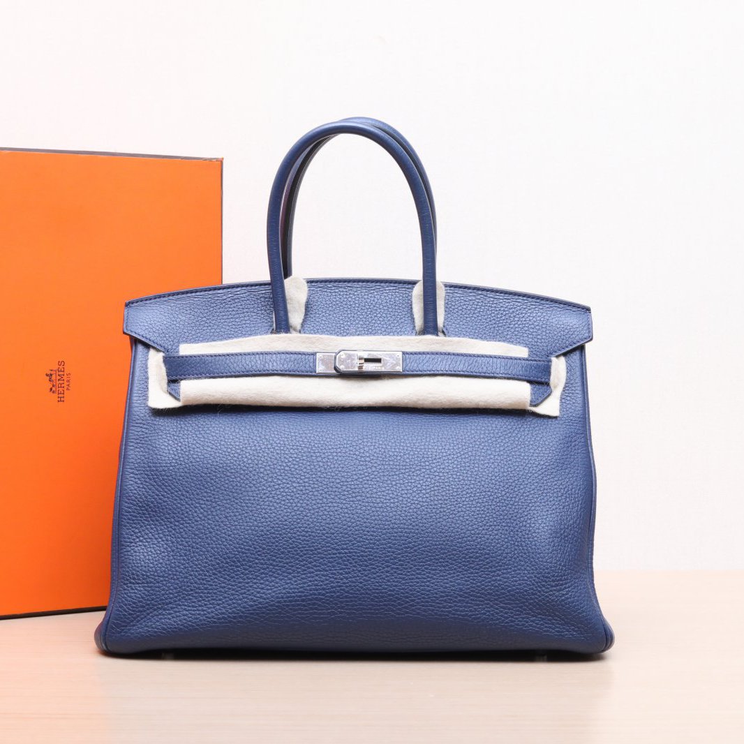 95新 Hermes/爱马仕 小花黑黑Birkin 35 宝石蓝 Togo皮 框Q 包