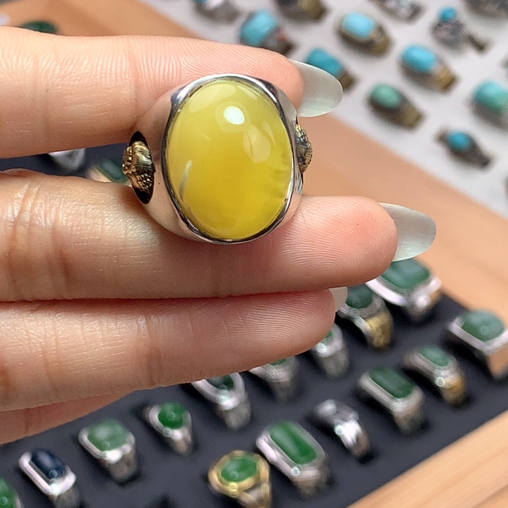 蜜蜡戒指银S925镶嵌无*