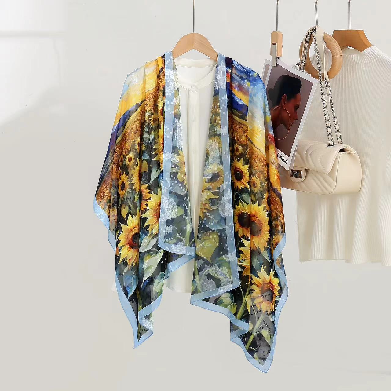 新款剪花丝巾国风女士围巾百搭时尚新中式气质款披肩-梵高油画