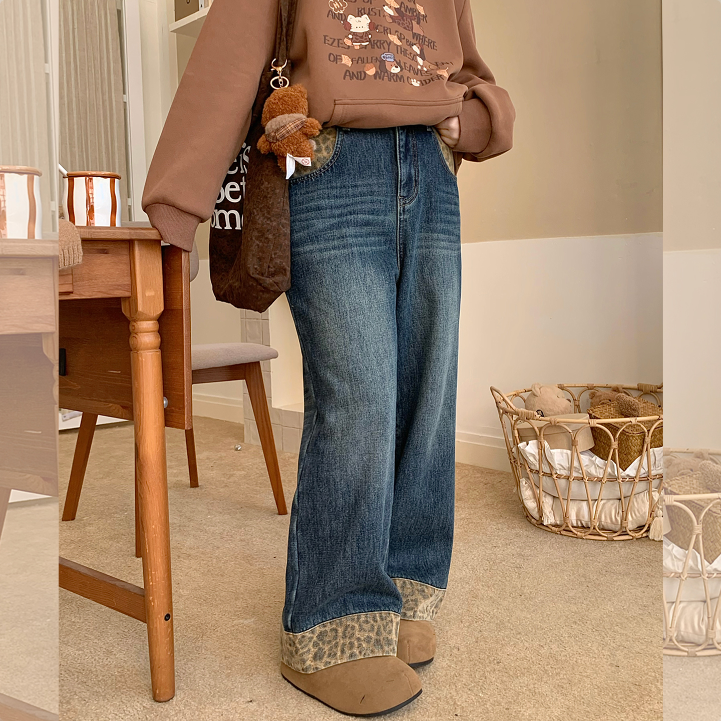 【LT STUDIO辣条大码】复古豹纹拼接加绒牛仔阔腿裤