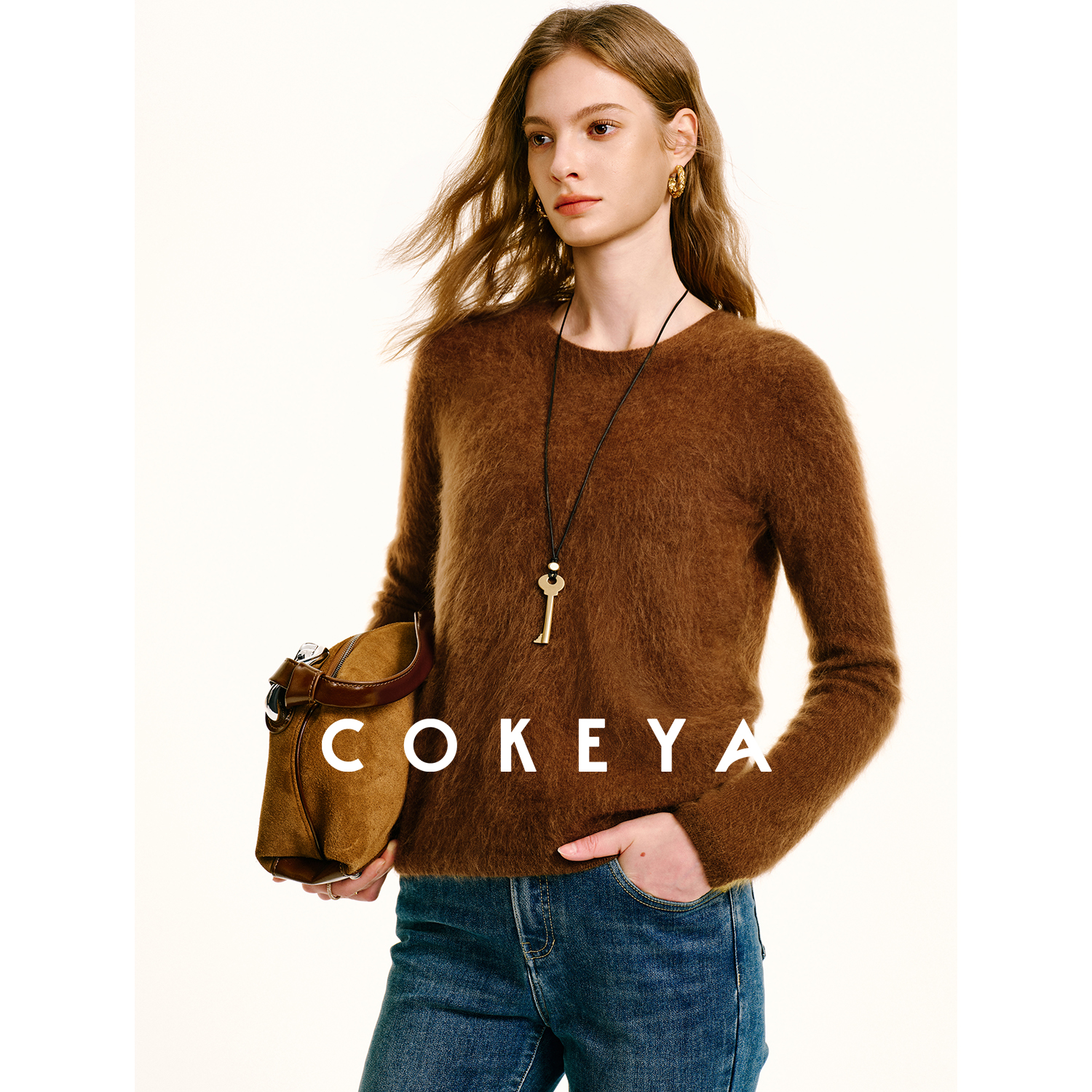 COKEYA/拉绒“白米饭”~矿泉水拉绒无缝一体山羊绒圆领针织衫女冬