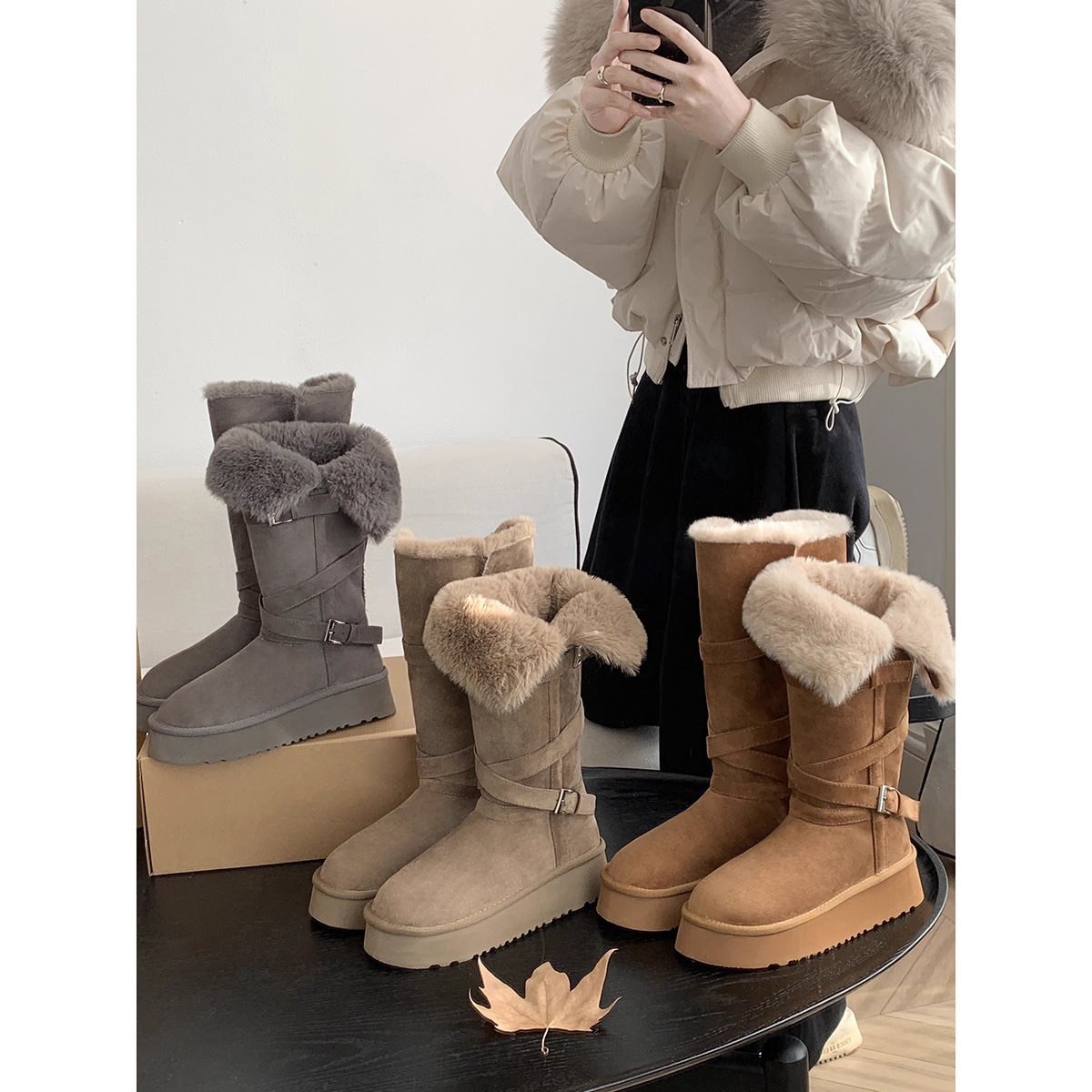 【拉萨发货】加厚冬季长筒厚底高筒雪地靴女新款增高保暖加绒