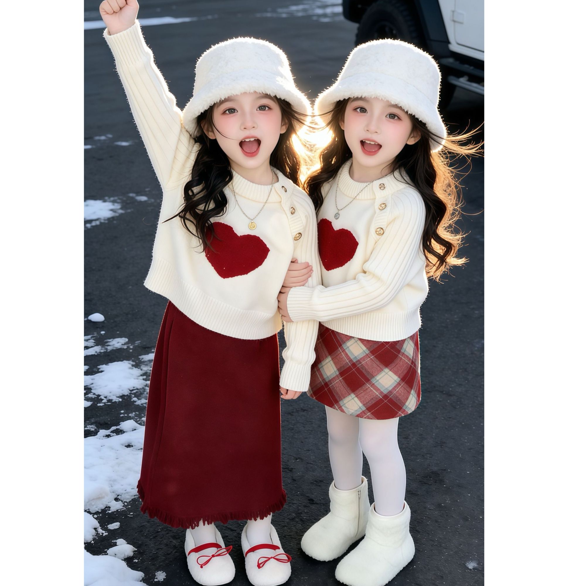 25冬季女童圣诞新年套装洋气时髦爱心毛衣红色加绒格纹半裙姐妹装