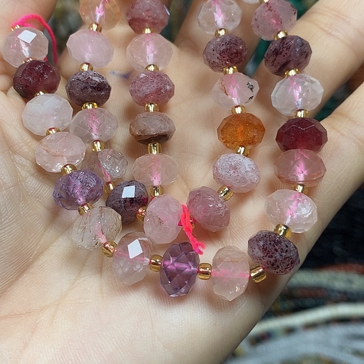 玛瑙/玉髓未镶嵌珠宝半成品天然草莓超七切面车轮卡10mm