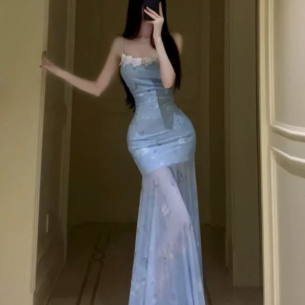 新中式复古春夏蝴蝶印花鱼尾吊带裙网纱长裙 旅游拍照好看的裙子