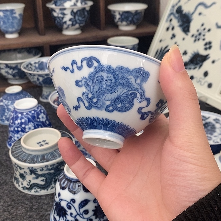 瓷【半间泥坊】三狮斗笠杯