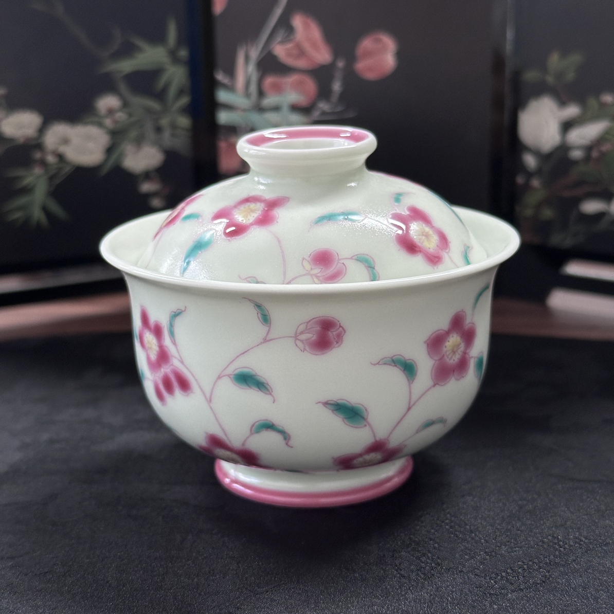 【雨溪山房】枢府釉樱粉两才盖碗110cc