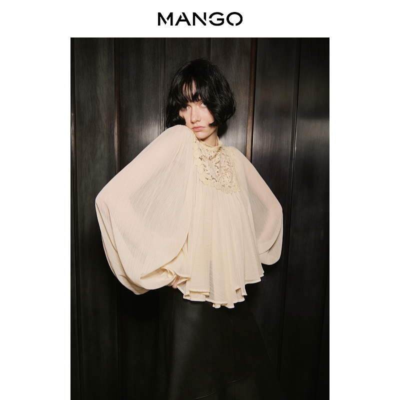 MANGO女装衬衫2025秋装新款法式气质灯笼袖荷叶边下摆蕾丝上衣