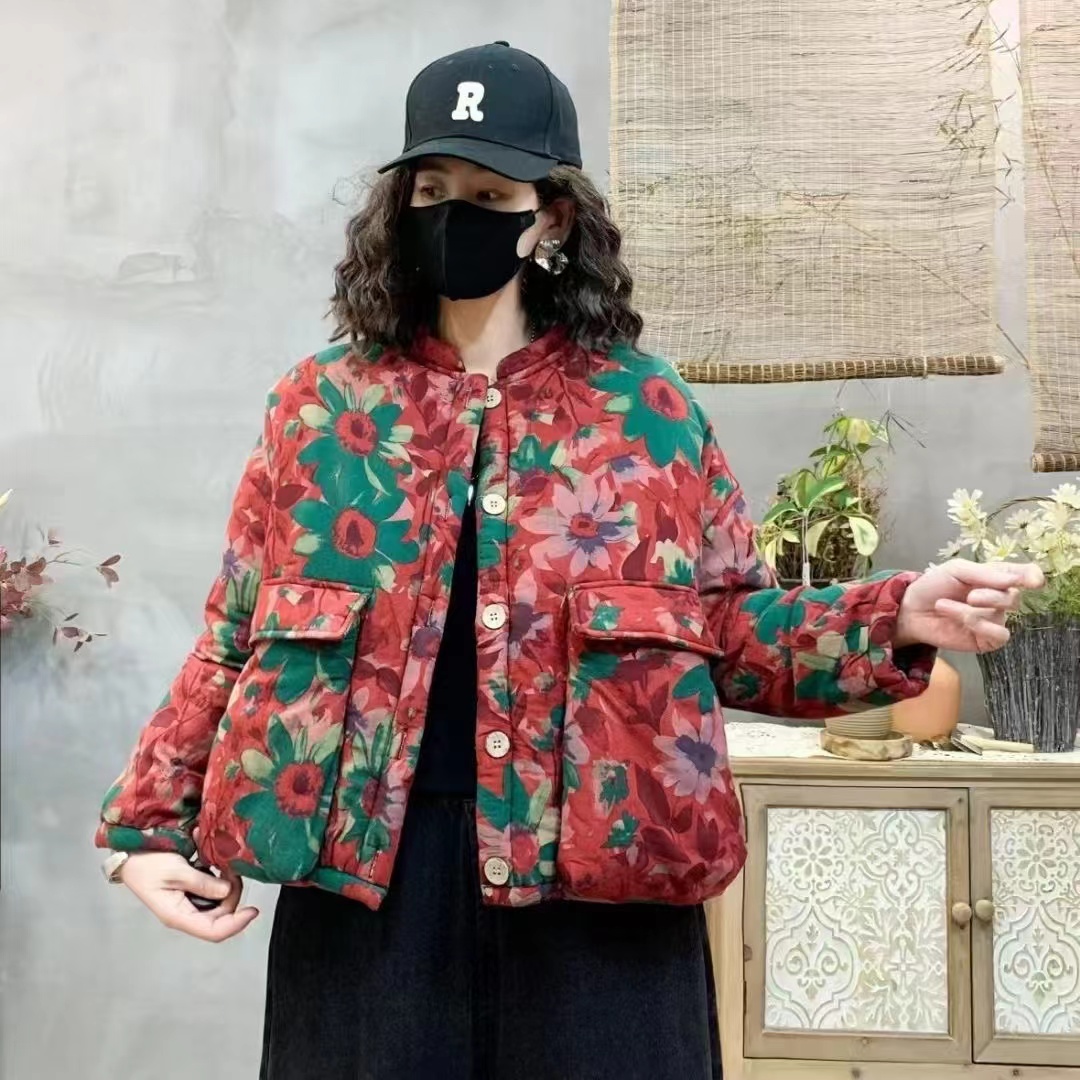 新款冬季复古加绒印花棉衣民族宽松立领加厚短款棉袄棉服外套保暖