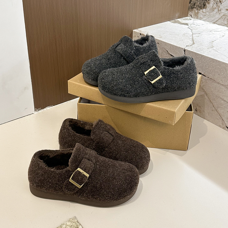  复古全包加绒勃肯鞋2025冬季新款厚底灰色毛毛鞋一脚蹬雪地棉鞋