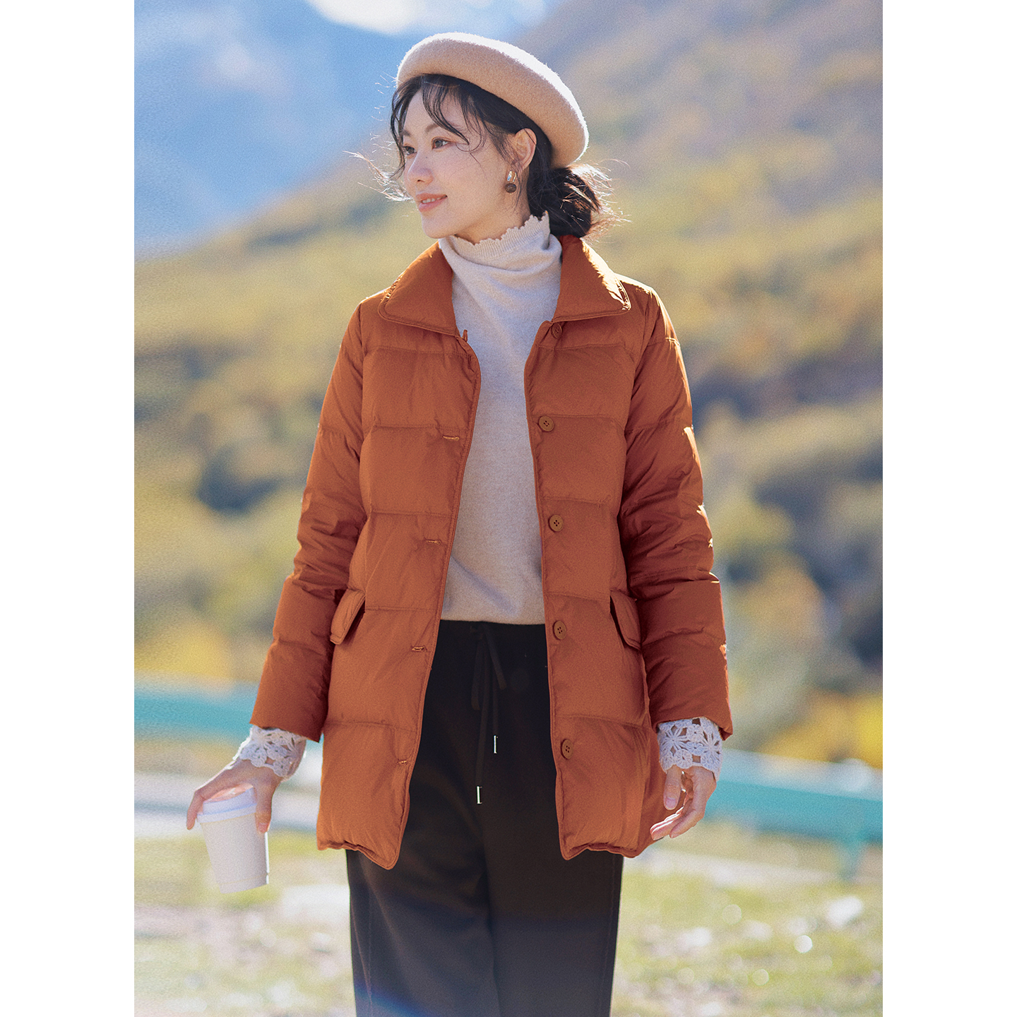 红念橘色羽绒服女中长款小个子气质2025年冬季新款白鸭绒外套上衣