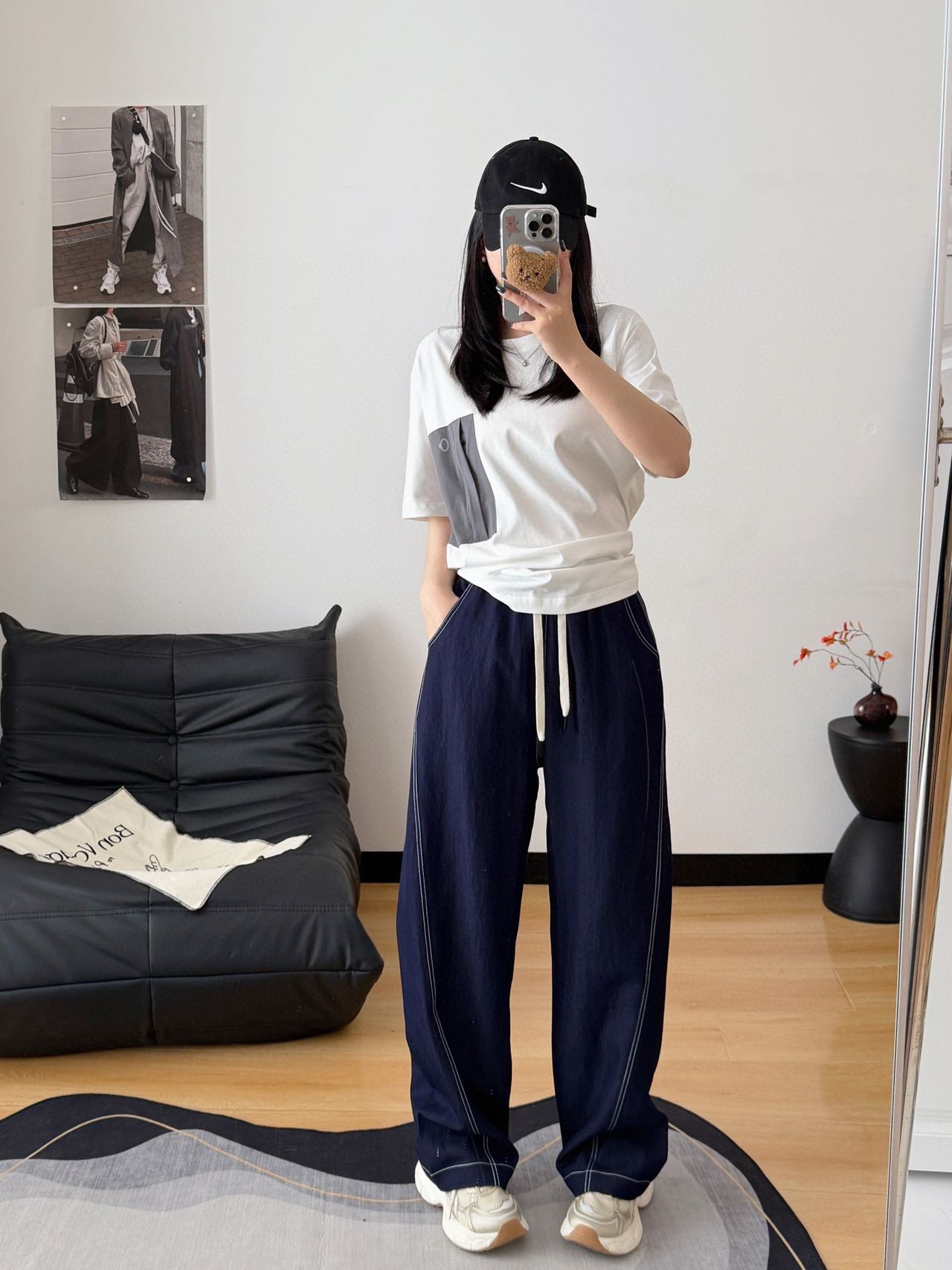 T*MISS港风高腰显瘦长款细带松紧腰休闲阔腿女裤