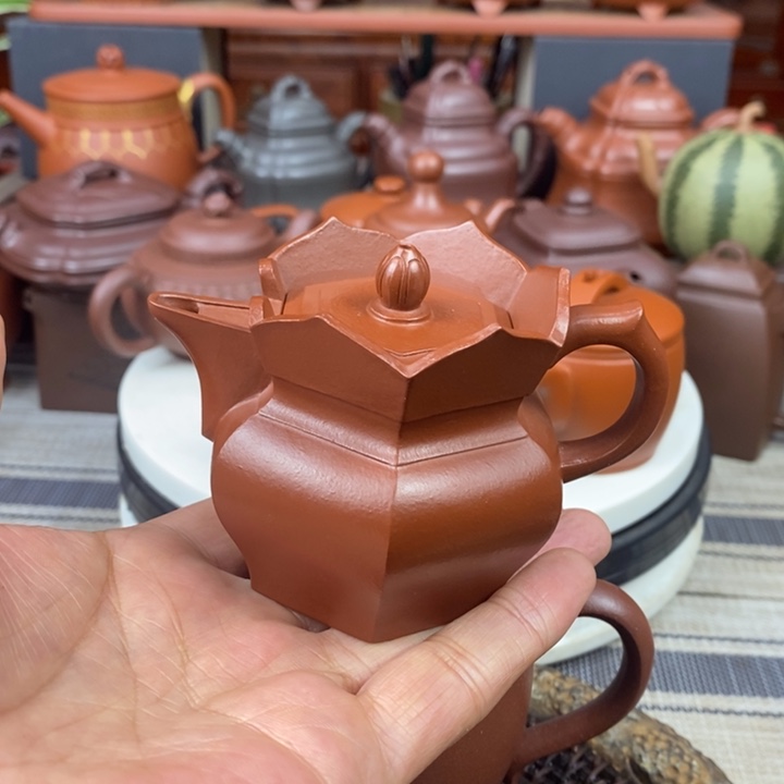 紫砂茶壶六方僧帽100cc原矿赵庄朱泥
