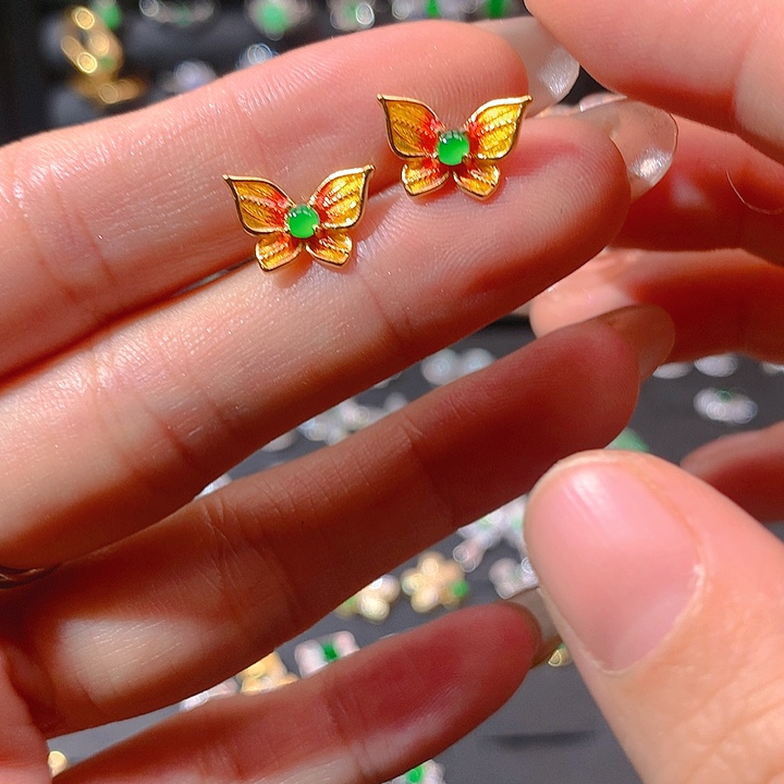 翡翠戒指银S925镶嵌耳钉