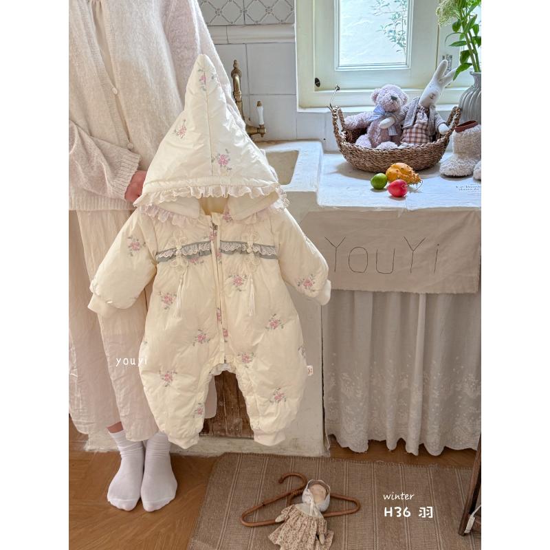 婴儿宝宝连帽加厚新生儿玫瑰缠花刺绣串珠盘扣白鸭绒羽绒服36