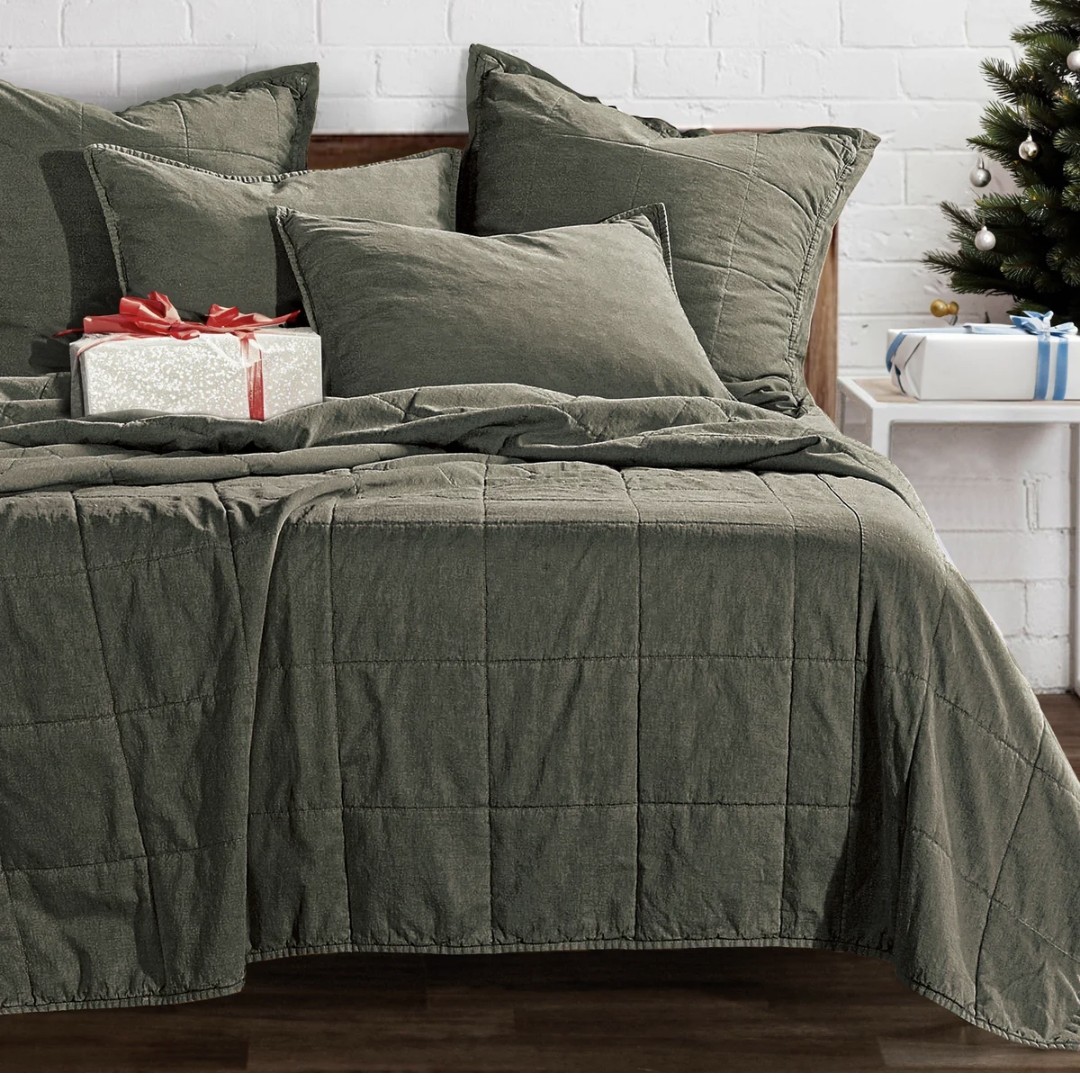 石洗帆布棉复古绿色夹棉被子床盖微瑕尺寸约170*220