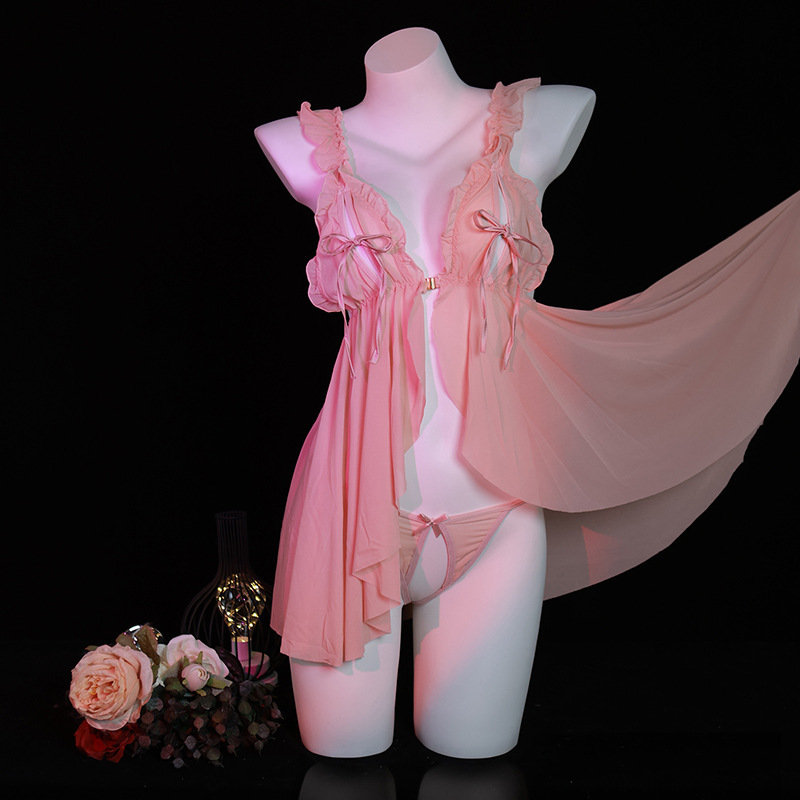 【眼眸】睡衣女夏季性感网纱吊带睡衣飘逸薄款火辣蝴蝶结美背连衣裙