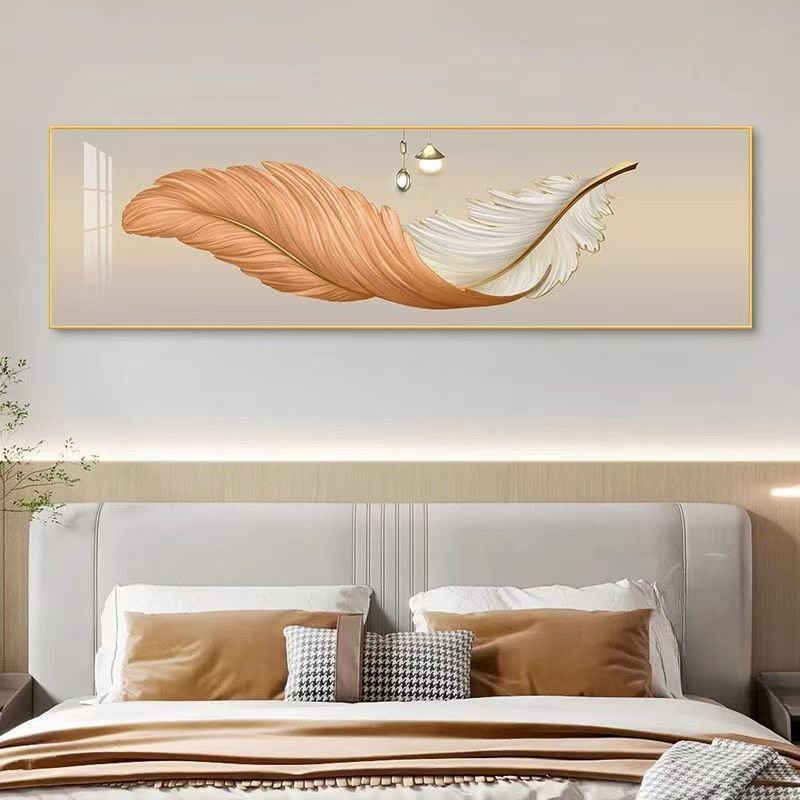 轻奢卧室装饰画高档羽毛床头挂画横幅现代简约大气主卧背景墙壁画
