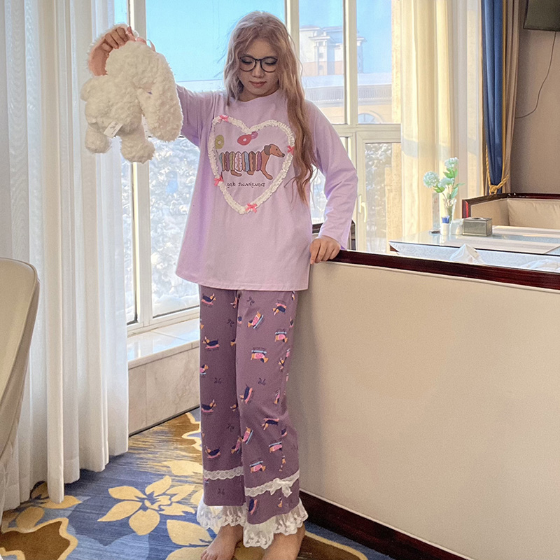 韩系甜美女大码卡通汉堡狗睡衣爱心蕾丝拼接网红ins蝴蝶结家居服