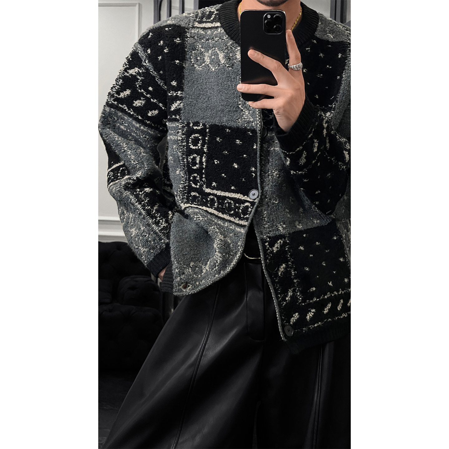 龙叨叨秋冬新品重工复古提花设计感外套男加厚保暖宽松开衫毛衣