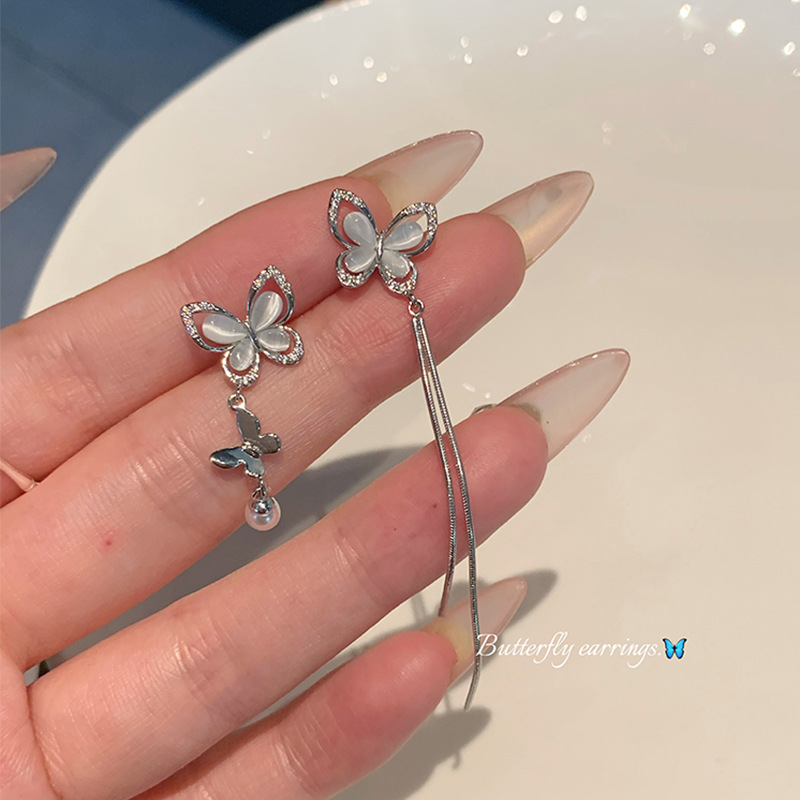 铜合金耳饰 轻奢高级感猫眼石蝴蝶耳钉不对称长款流苏耳环耳饰98