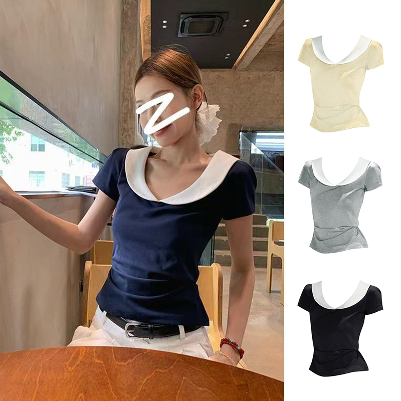 娃娃领正肩短袖t恤女夏季修身独特漂亮韩系显瘦大领口上衣6855