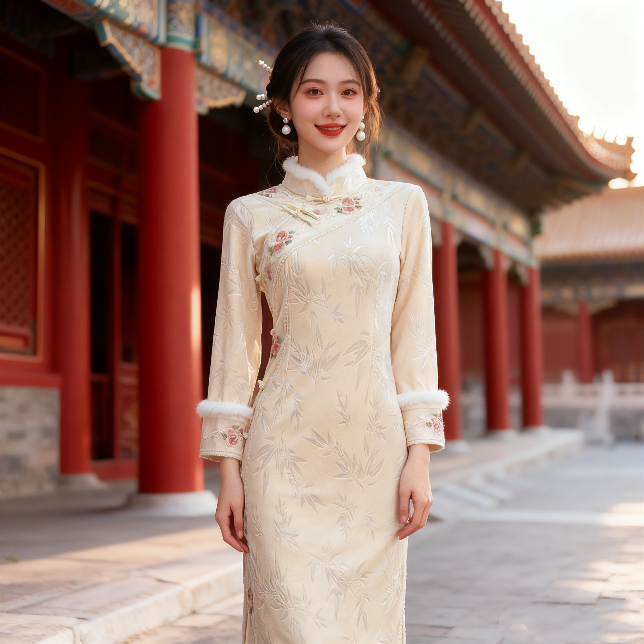 3323 小白竹 旗袍裙子女款爆款2025新款秋冬款冬季加绒加厚年轻版