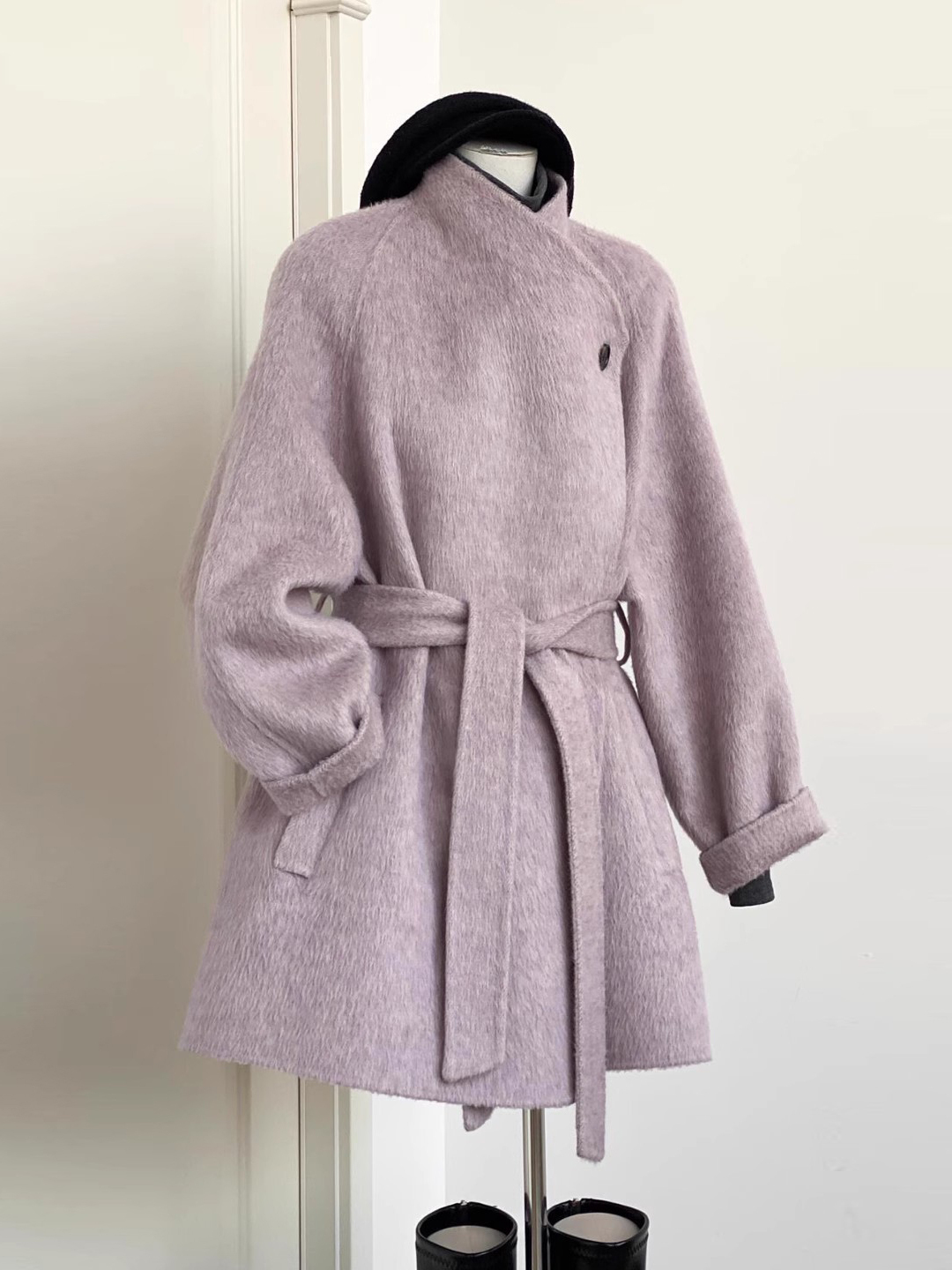 长袖冬季翻领中长款女装浅紫色毛呢大衣毛呢外套设计师呢子秋冬