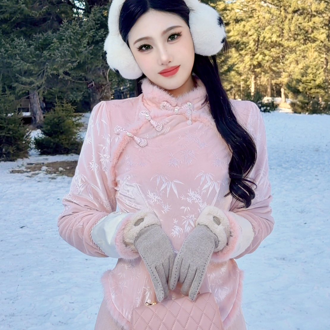 【媛珠 粉黛凝香】重工丝绒提花粉色新中式显瘦时尚套装上衣显瘦