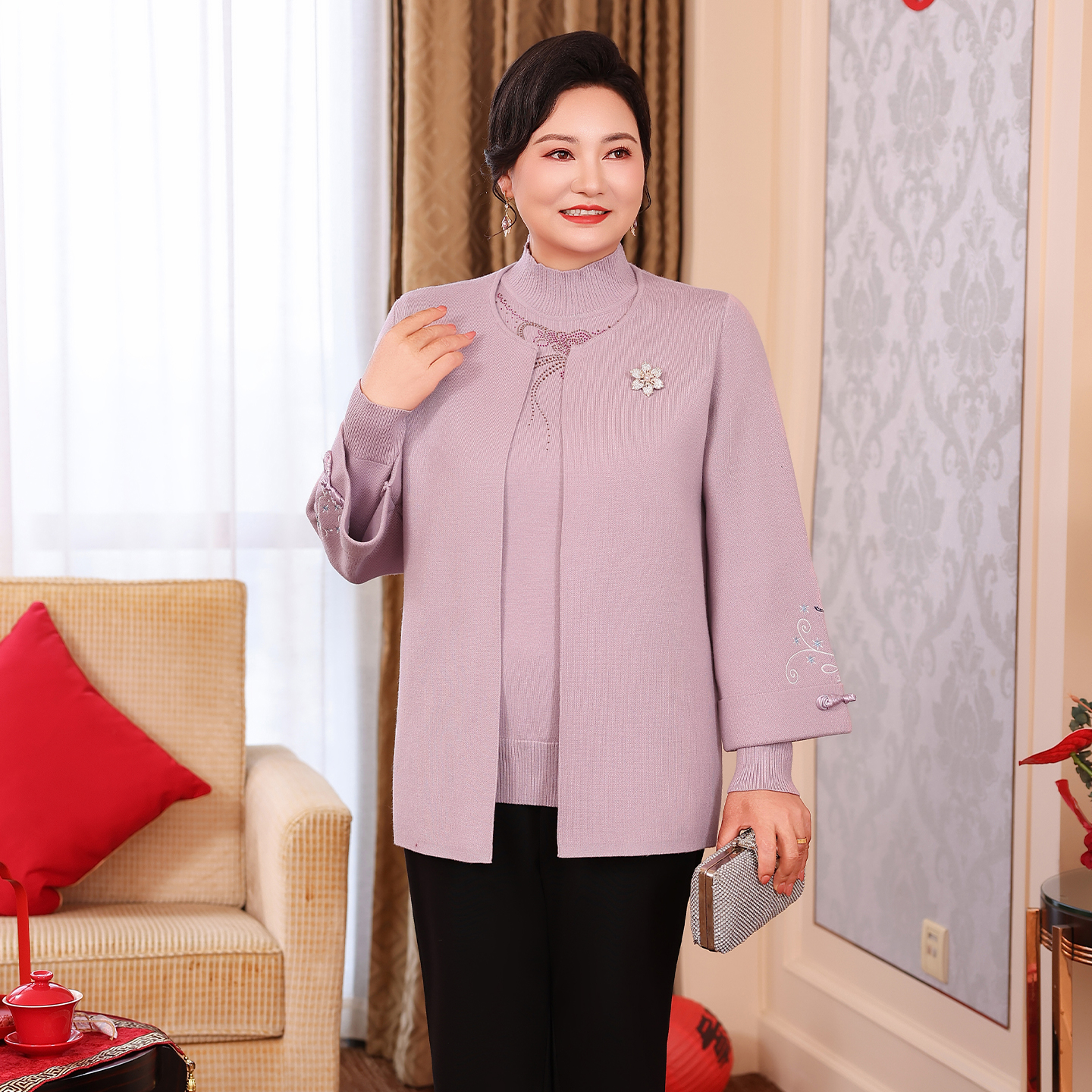 新娘妈妈婚宴装平时可穿结婚父母服装10月份穿的喜婆婆装针织套装