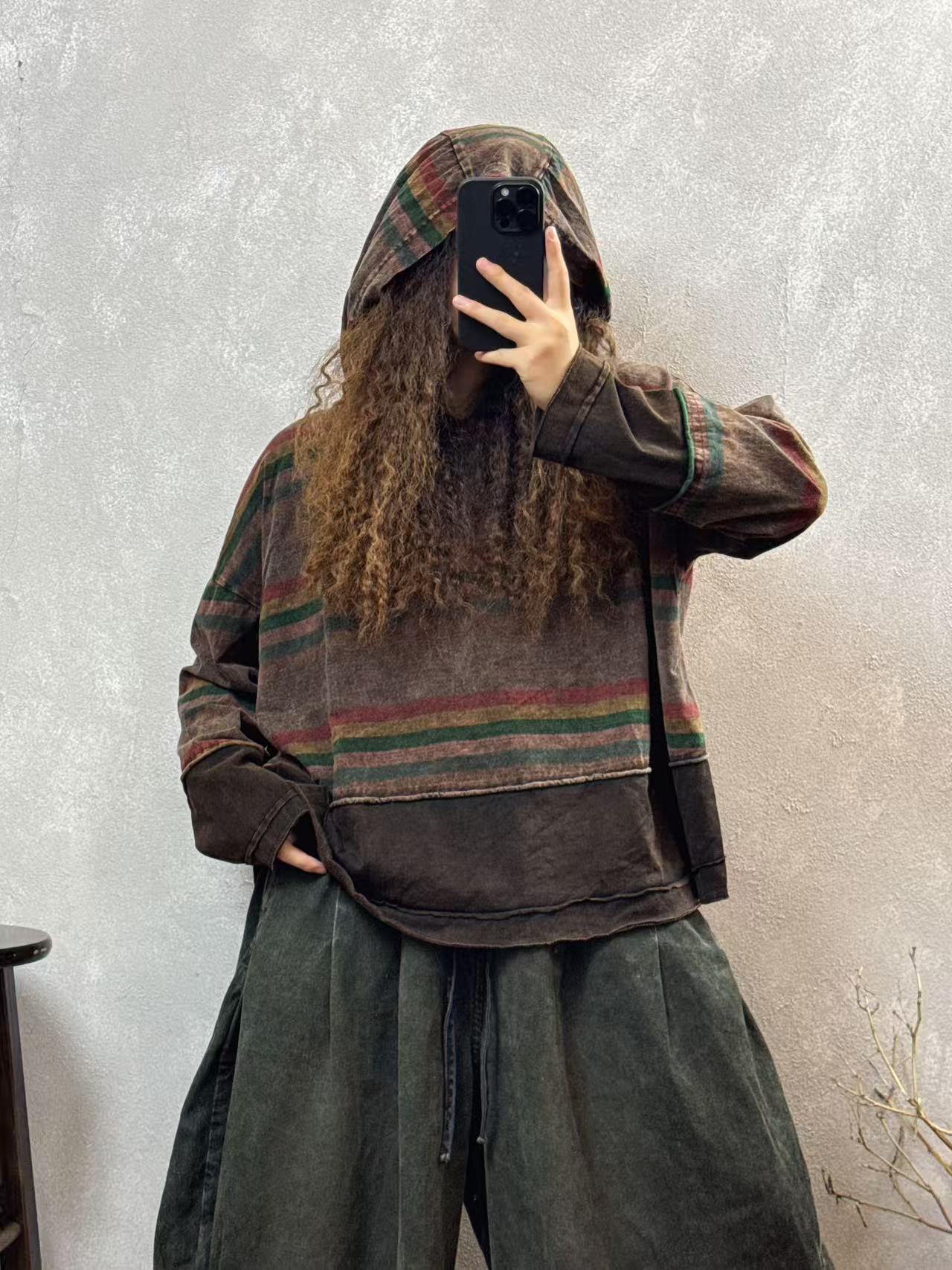 秋款上新棉质炒色做旧假两件连帽卫衣