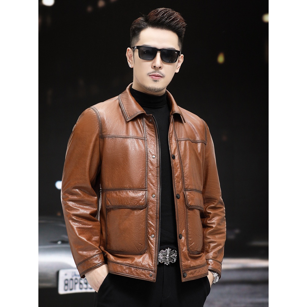 海宁真皮皮衣男头层牛皮油蜡短款修身羽绒内胆皮夹克灰貂领外套潮