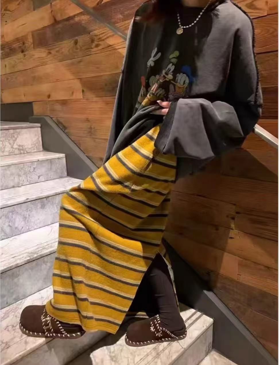 韩系黄色条纹秋冬加厚毛半身裙