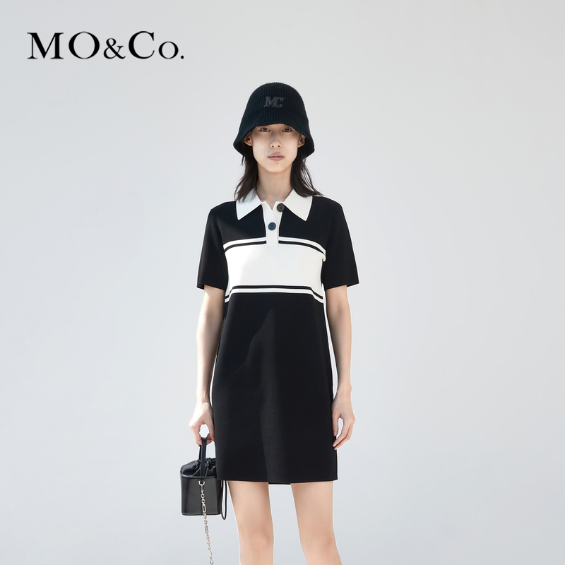 【赵老板专属】MOCO春POLO领拼色A字连衣裙T恤裙MBC1DRST17