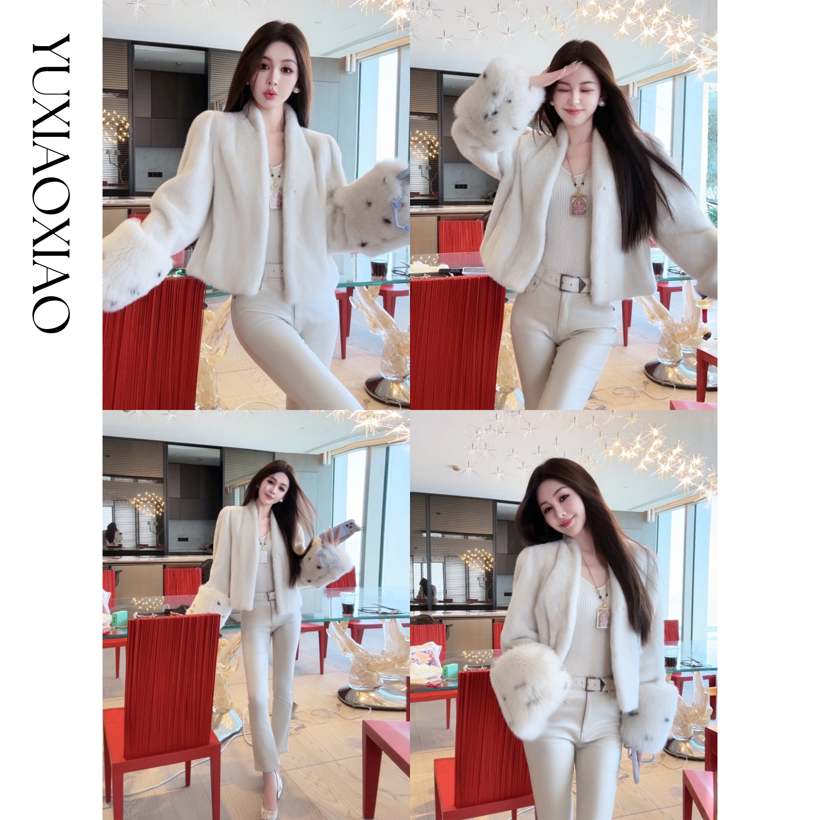 余潇潇【永恒誓言】轻奢冬季天鹅绒水貂毛拼接芬兰白狐皮草外套