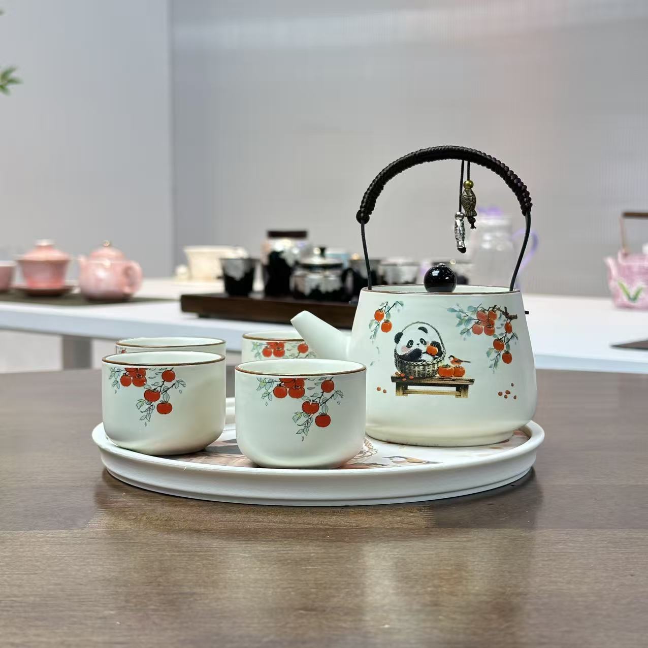事事如意熊猫壶+四杯+茶盘@z829