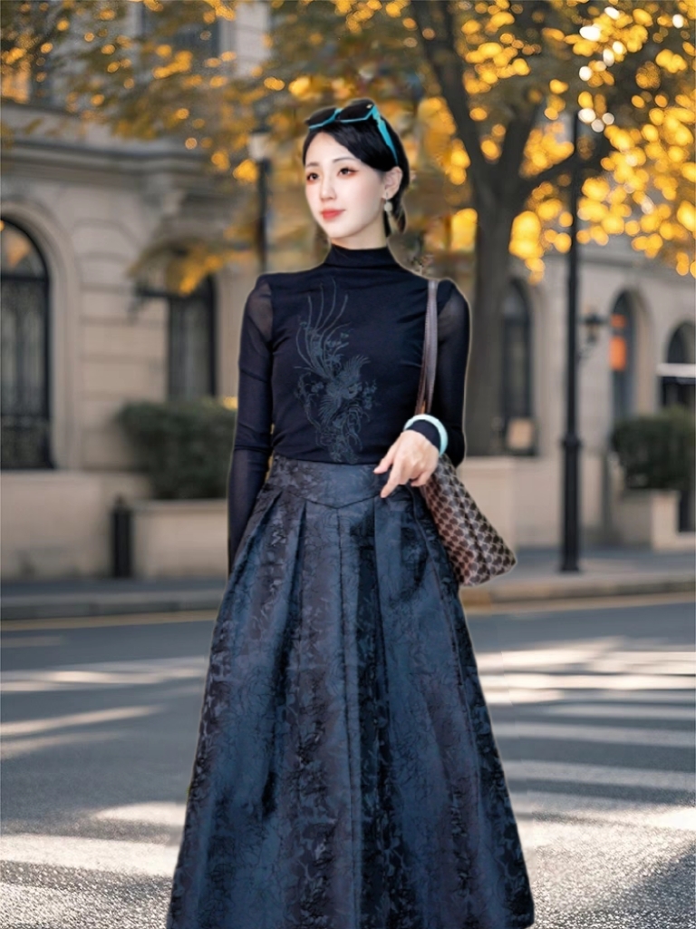 [黑色蔷薇]新中式国风春秋季新款女神半身裙