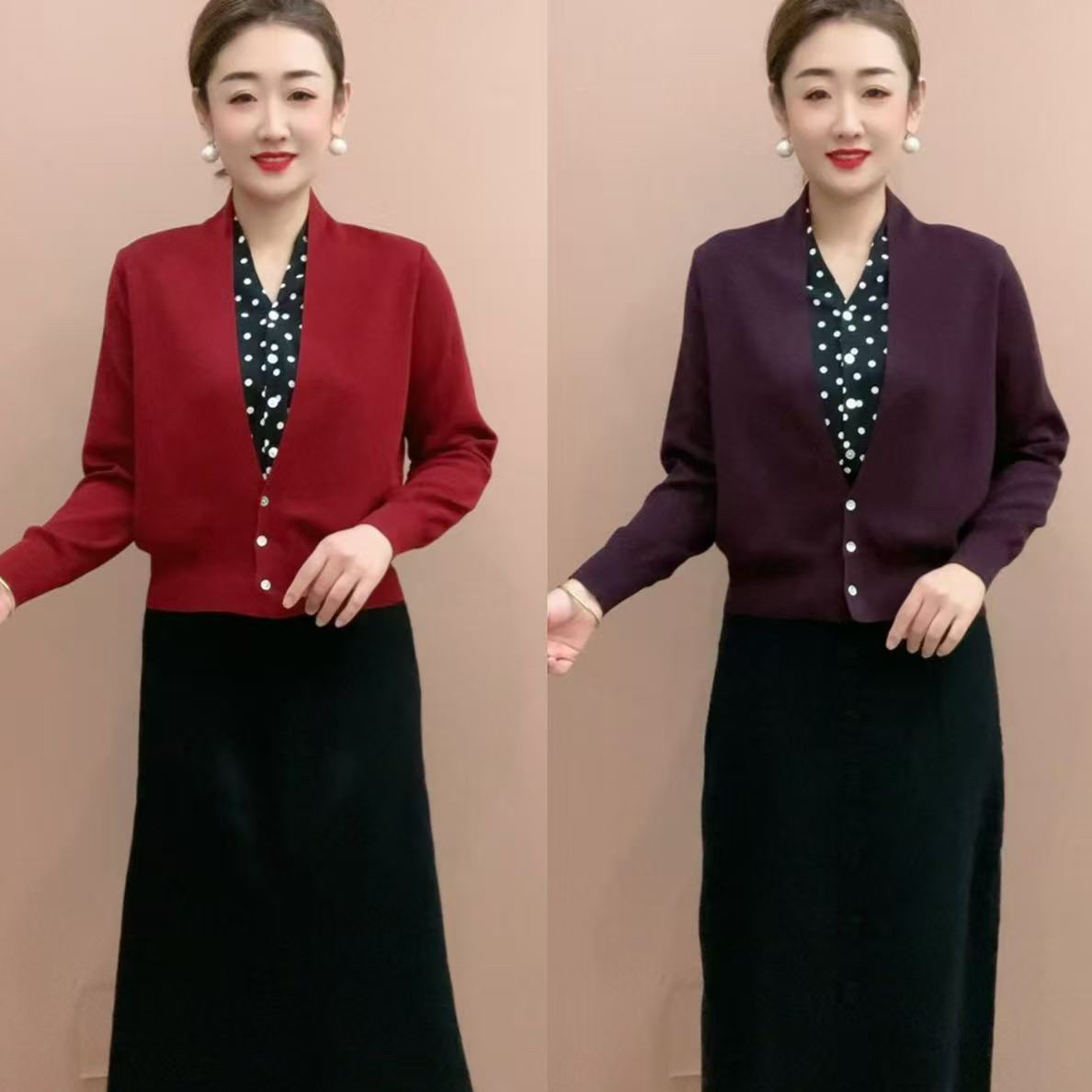 时尚波点假两件开衫