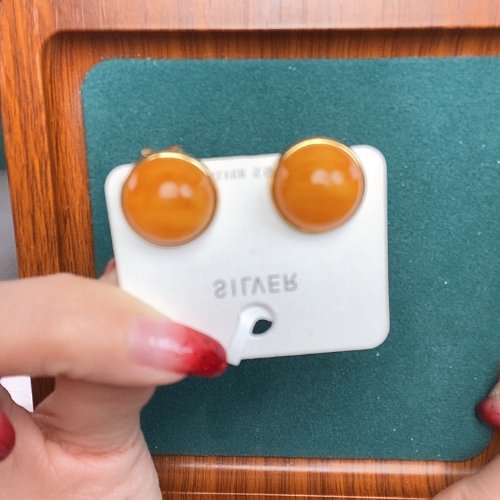 蜜蜡耳饰银S925镶嵌耳钉