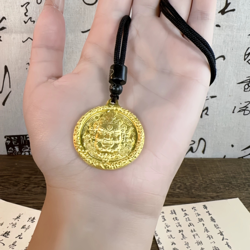 古法实心錾刻八宝吉言黄财神项链·招财进宝黄财神项链